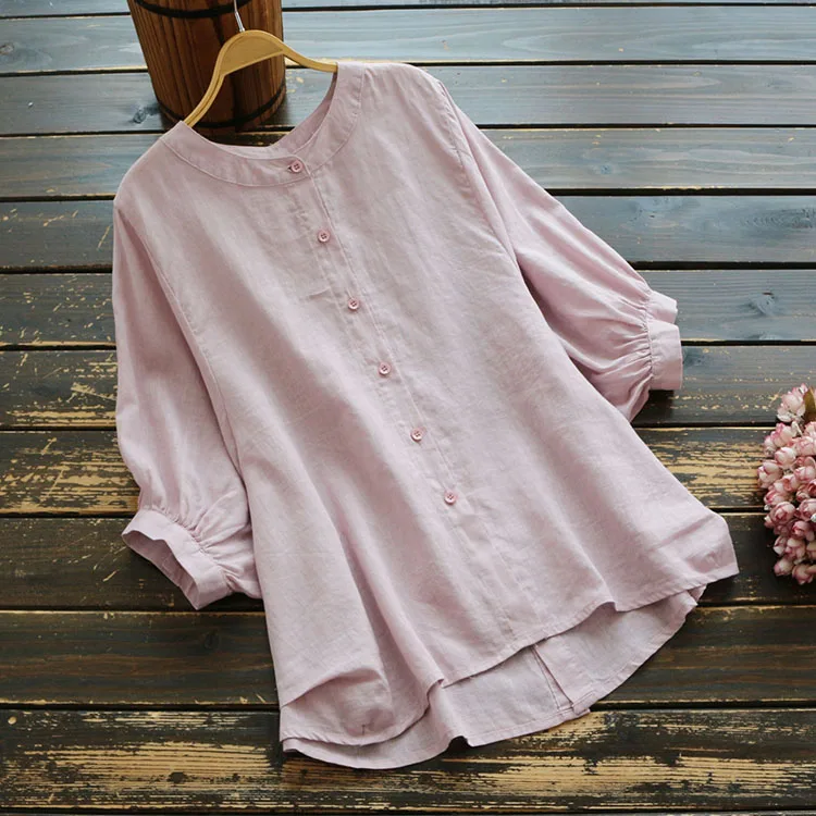 

new summer women cover belly shirt mori girl Literary solid color stand collar shirt casual loose cotton short sleeve blouse