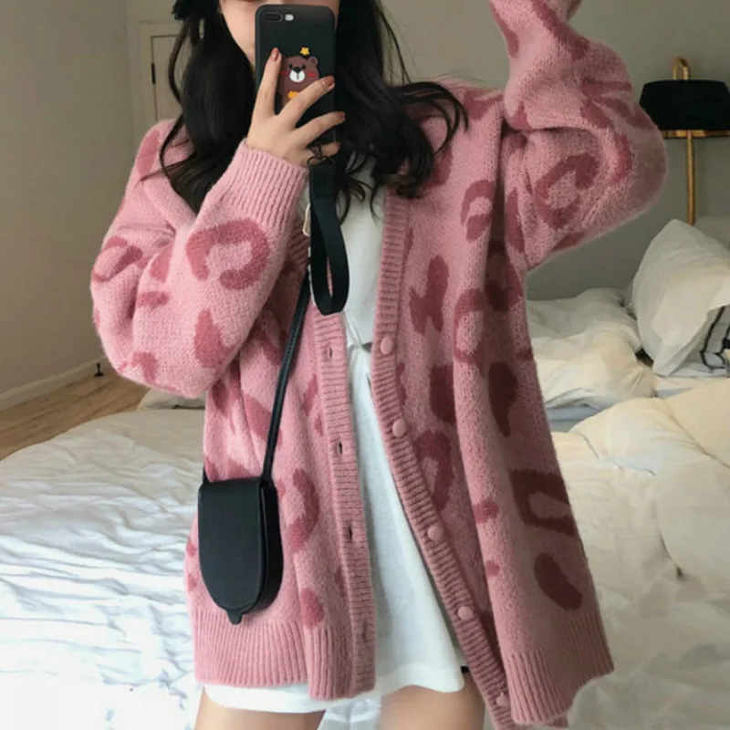 

Women Sweater Cardigan Single Breasted Loose Korean Knit Outwear Fashion V-Neck Long Sleeve Color Stitching Coat Autumn Winter