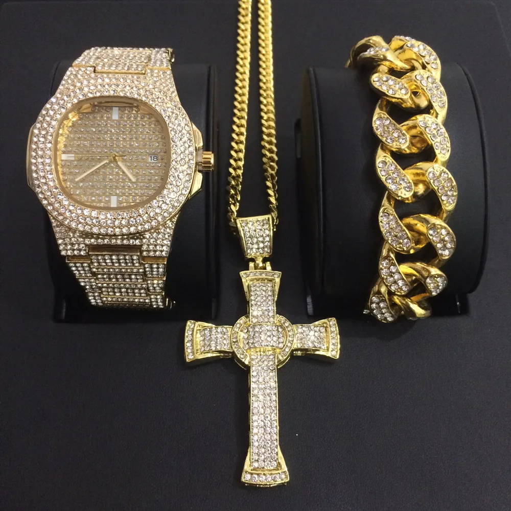 set Luxury Men Diamond Watch Hip Hop cross Jewelry Watch& Bracelet&Necklace Combo Set Watch Diamond Ice Out Cuban Watch Set For Men - Цвет: set