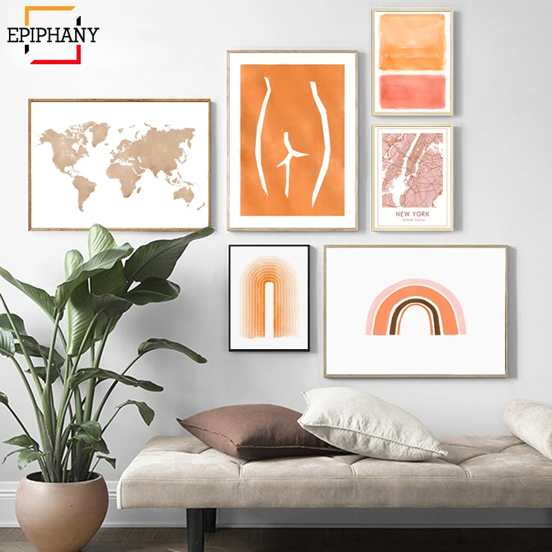 Современная Абстрактная галерея настенная живопись Оранжевая Радуга карта мира