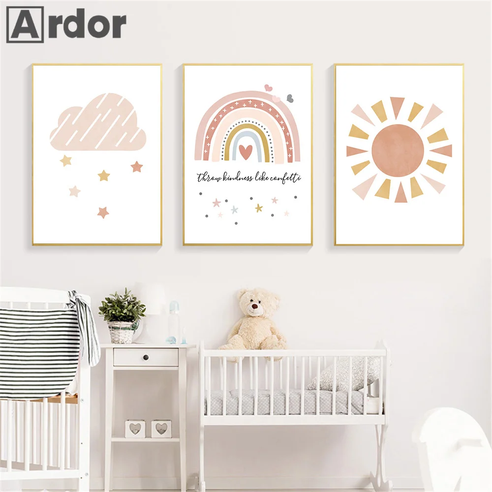 

Abstract Rainbow Wall Art Canvas Painting Sun Cloud Star Posters And Prints Quotes Wall Picture Nordic Kids Girl Room Home Decor