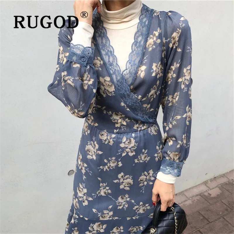 Женское ретро-платье RUGOD корейское цветочное Макси-платье с длинными рукавами
