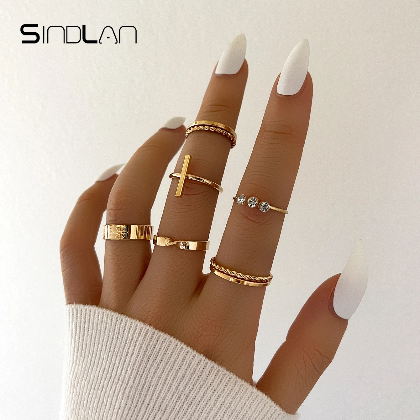 

Sindlan 6Pcs Vintage Crystal Gold Color Rings for Women Punk Geometric Set Stranger Things Wedding Couple Trendy Jewelry Anillos