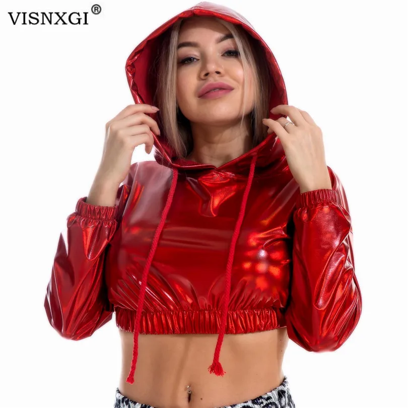 

Женская толстовка с капюшоном VISNXGI, Модный укороченный Топ с длинным рукавом, светоотражающая блестящая укороченная толстовка, джемпер, пуловер с капюшоном, блестящее пальто