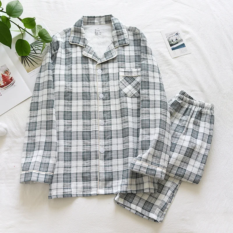 Spring And Summer New Couple 100%Cotton Crepe Pajamas Two-piece Men's Long-sleeved Trousers Ladies Home Service Set Simple Plaid