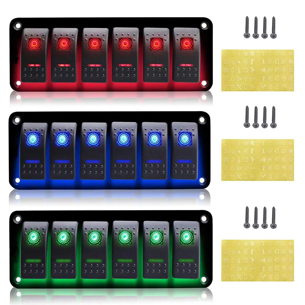 

6 Gang Switch Panel On-Off Self-Locking Toggle Rocker Switch 12V 24V For Car Boat Marine RV Truck Trailer Red Blue Green