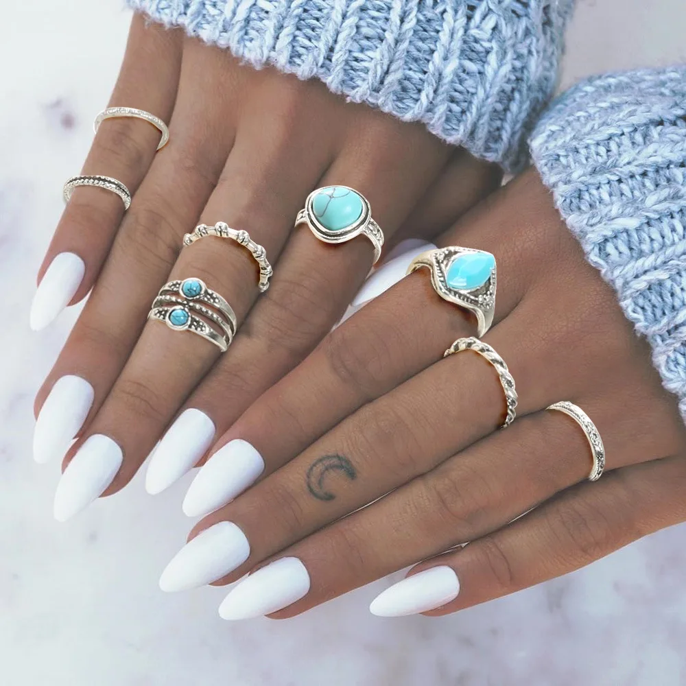 

2021 Fashion Trend Style New Jewelry Green Exotic Style Personality Inlaid Gemstone Women's Silver Ring Set Free Shipping