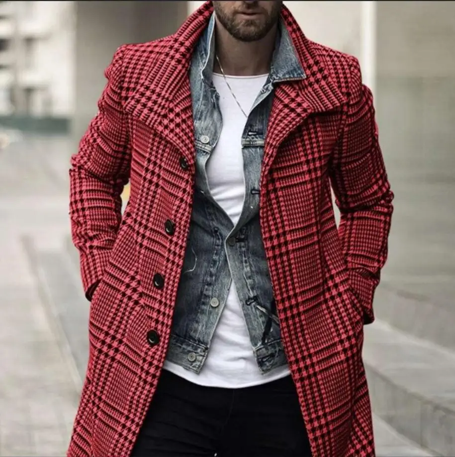

Fashion Men's Grid Trench Lapel Medium Length Single Breasted Autumn Winter Wind-proof Personality Fashion Male Coat