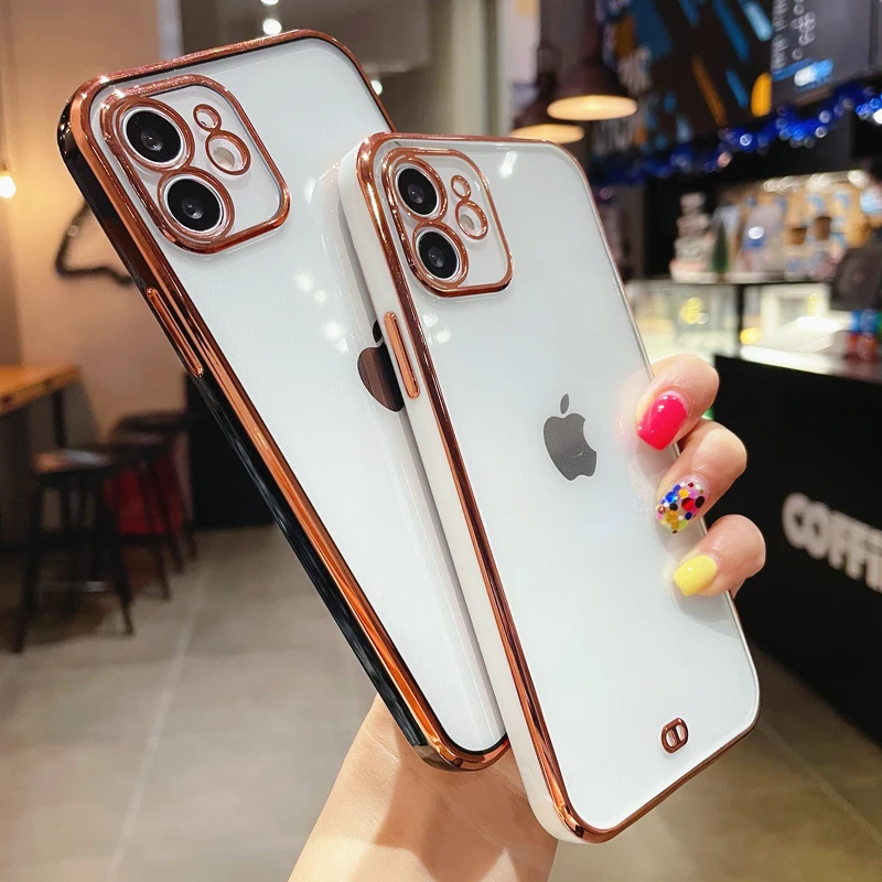 

Luxury Gold Plating Transparent Case For iPhone 12 Pro Max 11 Mini XR XS X 7 8 Plus SE 2020 Fashion Simple Clear Soft TPU Cover