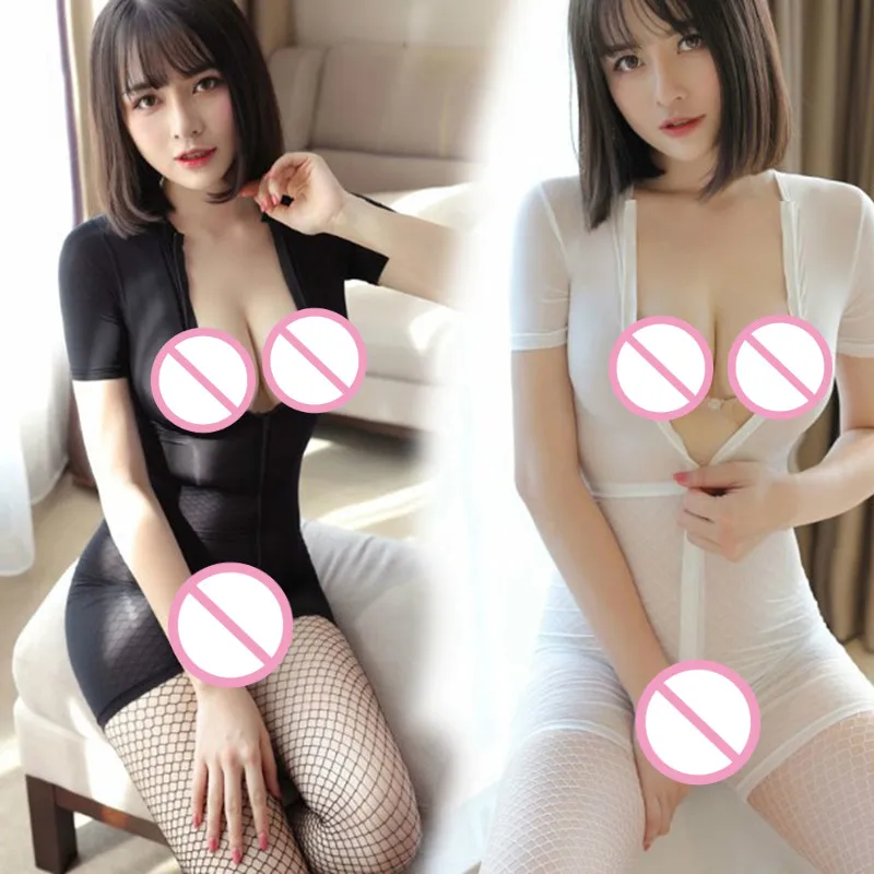 

Women Smooth Shiny Erotic Jumpsuit Nightclub Party Dance Wear See Through Sexy Women Zipper Open Crotch Bodysuit Clubwear
