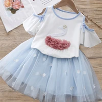 2021 summer swan girls clothing set pure cotton t shirt mesh lace skirt 2pcs suit kids birthday present children clothes