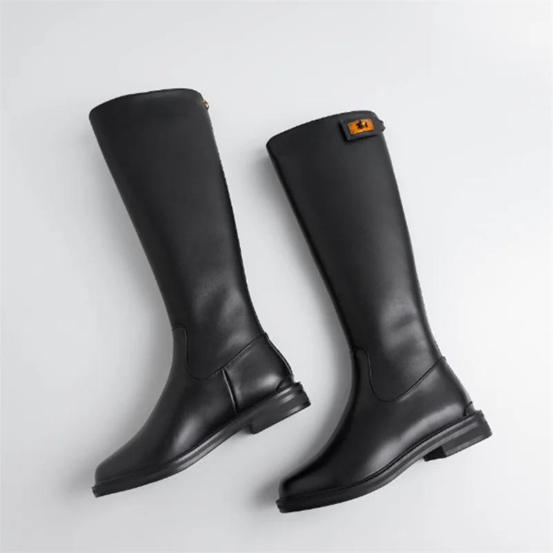 

ANNYMOLI Buckle Genuine Leather Mid Heel Long Boots Women Riding Boots Shoes Chunky Heels Zipper Knee High Boots Lady Black 42