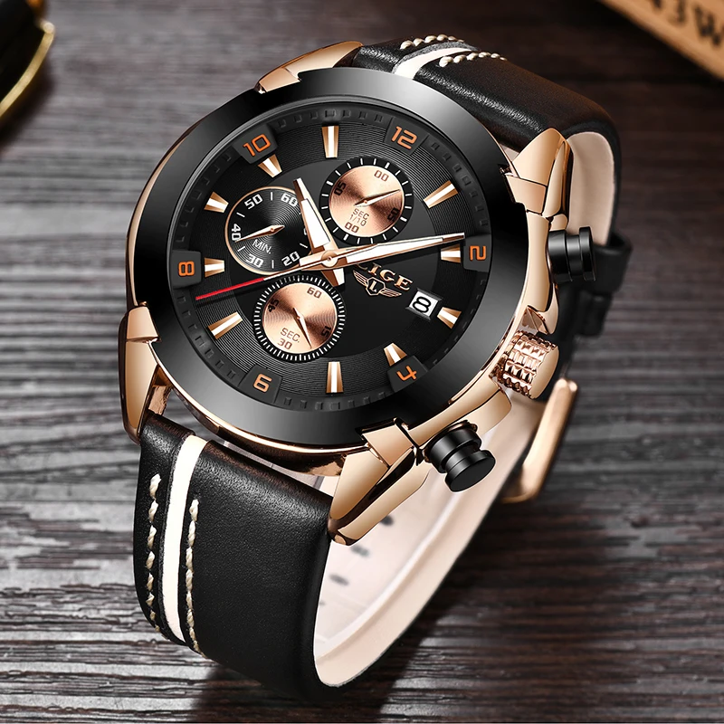 Часы наручные LIGE Мужские кварцевые с кожаным ремешком люксовые брендовые