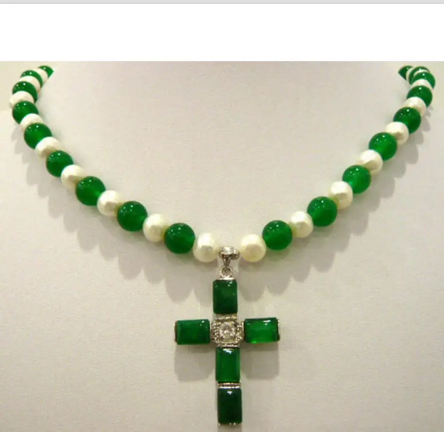 

white pearl & green natural JADE cross pendant necklace