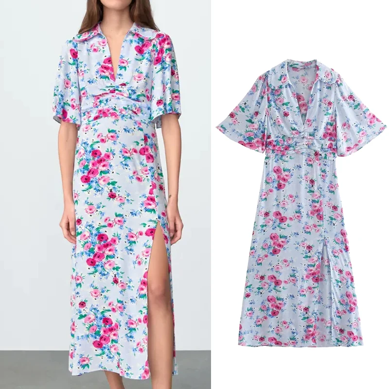 

PPYQYKX Za 2021 женское осеннее платье с цветочным принтом, коротким рукавом, миди-платье, ретро облегающее сексуальное платье с V-образным вырезом...