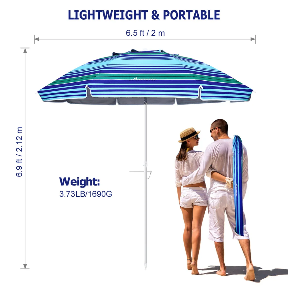 

MOVTOTOP Beach Umbrella 6.5ft Sand Umbrella UV Protection Striped Design Beach Umbrella with Aluminum Pole (Blue and Green)