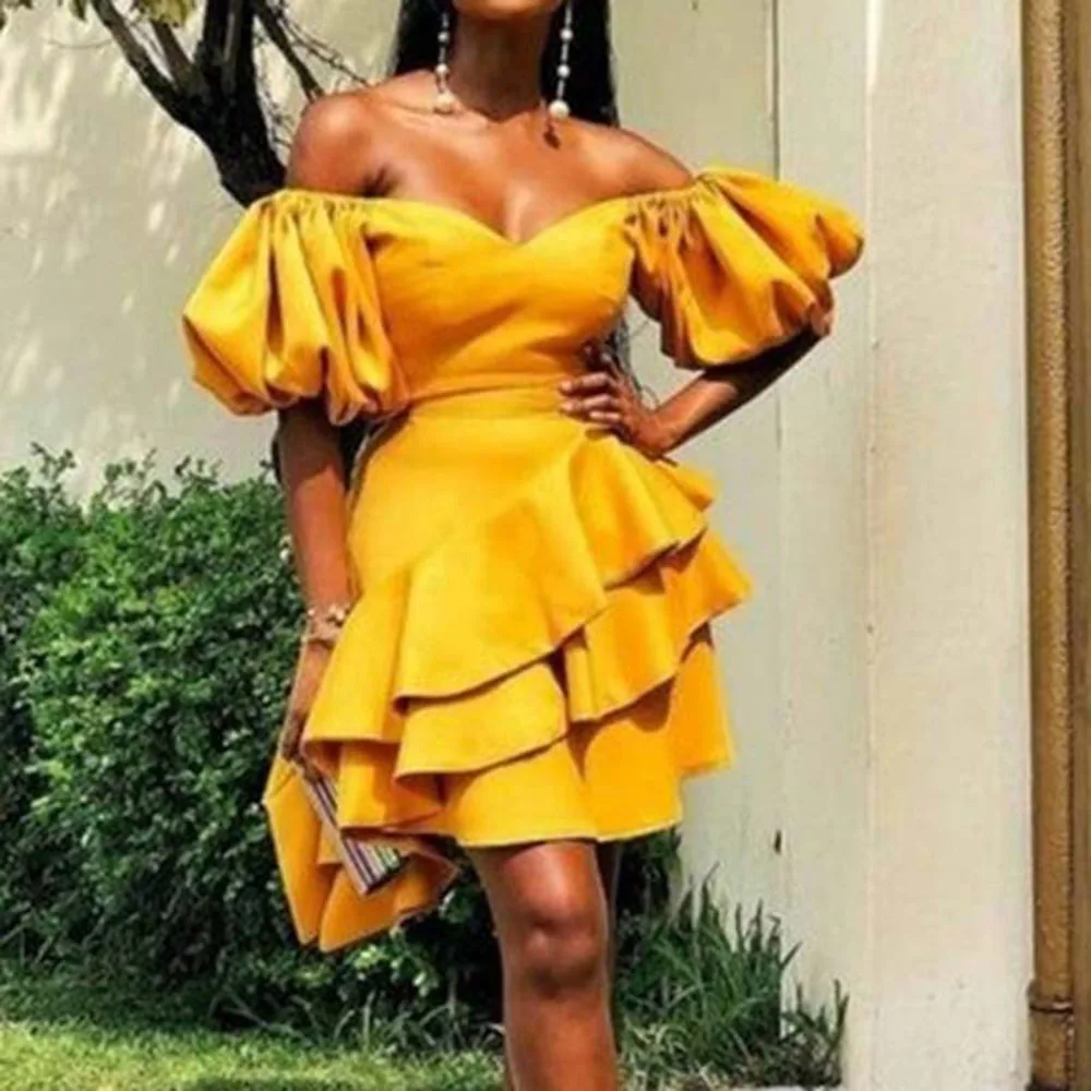 

Autumn New 2021 Fashion Temperament Dress African Women Ruffle Irregular Puff Sleeve High Waist One Shoulder Solid Color