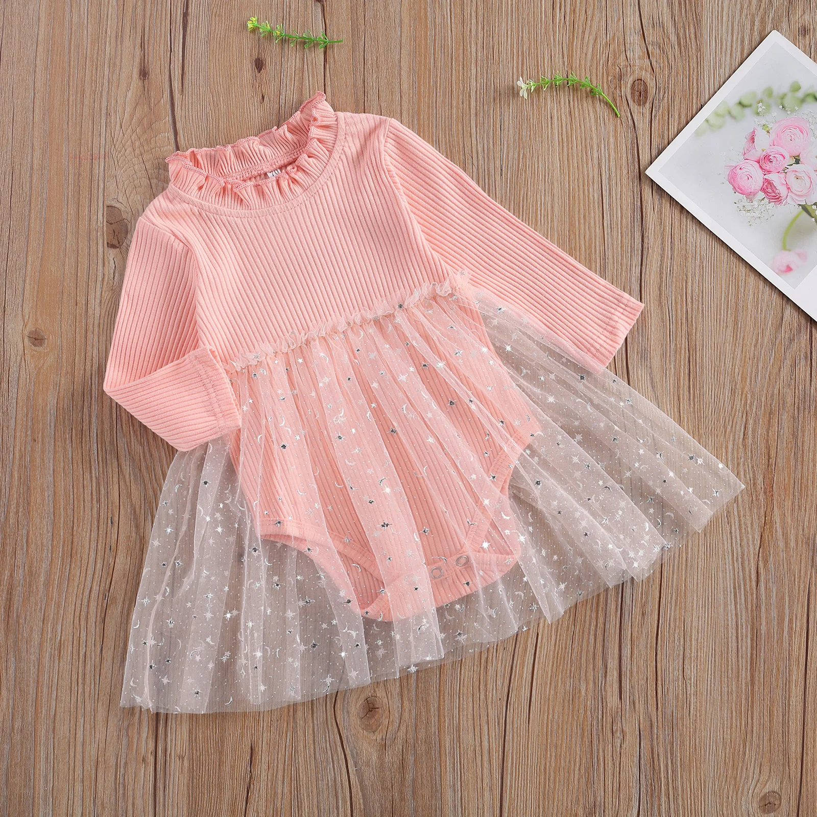 

Baby Girls Fashion Long-sleeved Jumpsuits Fresh Solid Color Tutu Lace Romper Dress Girl Clothes