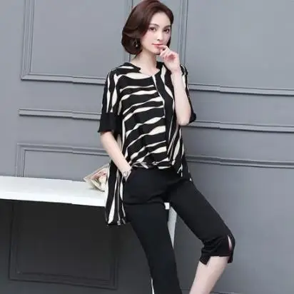 Летние полосатые комплекты из двух предметов для женщин плюс размер топы с