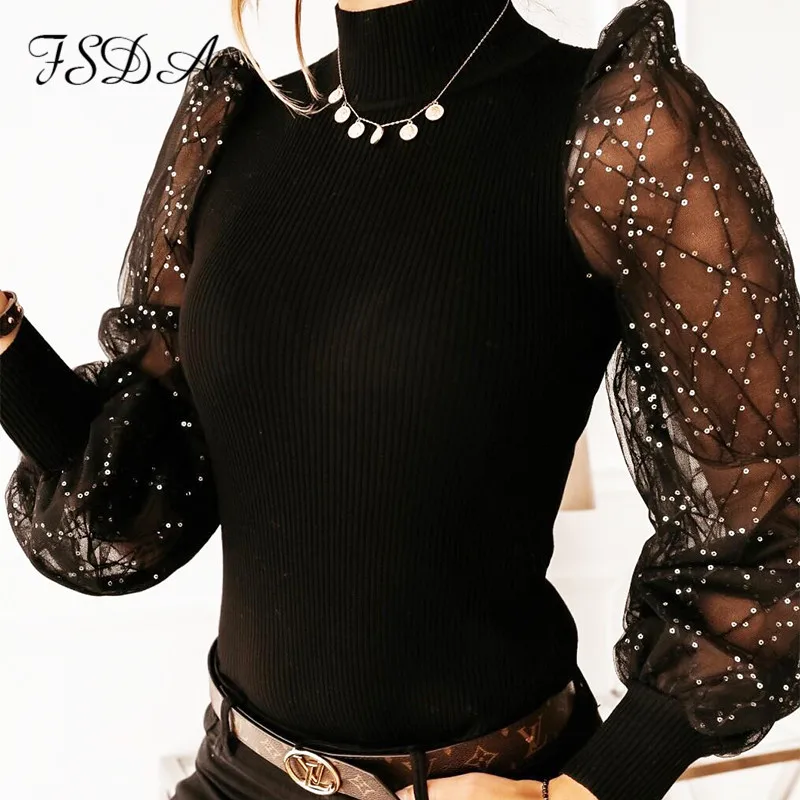 Женская блузка с длинными рукавами FSDA белая рукавами-фонариками и блестками в