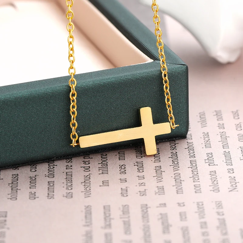 V Attract Sideways Cross Charm Pendant Necklace Women Men Jewelry Vintage Jesus Bijoux Femme Collier Gold Chain Choker | Украшения и
