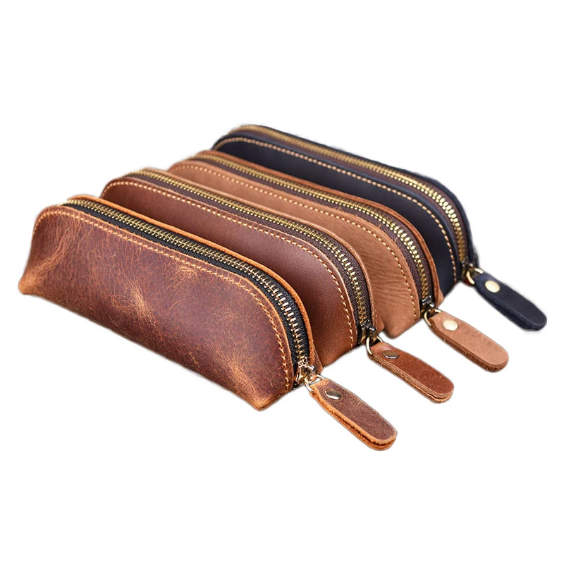 Пенал сумочка из натуральной кожи на молнии вместительная винтажная кожа Crazy Horse