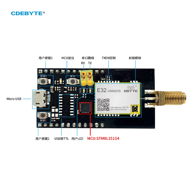 Test Board CDEBYTE E32-400MBL-01 for E32-400M20S Development Evaluation Kit Backup USB Interface Main Control MCU STM8L151G4