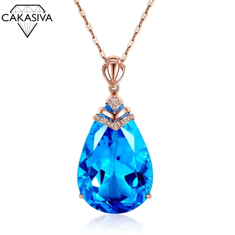 

Inlaid Sea Blue Diamond Water Drop Pear Pendant Woman Rose Gold Necklace Blue Crystal Pendant with 45 Cm Chain