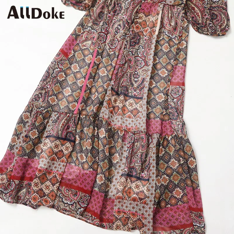 

ALLDOKE summer vintage dress V-neck print patchwork color long dress high waist lantern sleeve beach paisley famale vestidos