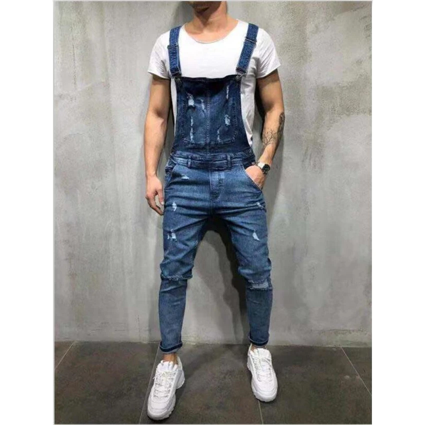 

High Quality Men's Ripped Jeans Jumpsuits Hi Street Distressed Denim Bib Overalls For Man Suspender Pants Size XXXL Denim Pants