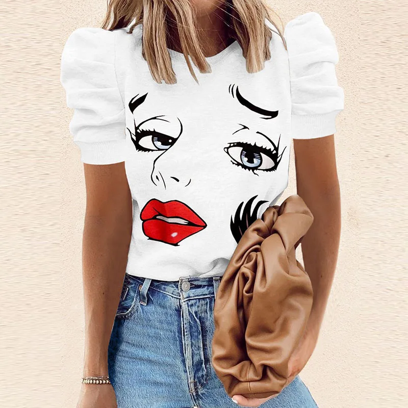 

2021 Summer Black White Printed Pattern Loose Top Shirt Elegant Office Ladies Simple Top Fashion Women's Short Puff Sleeve 2XL