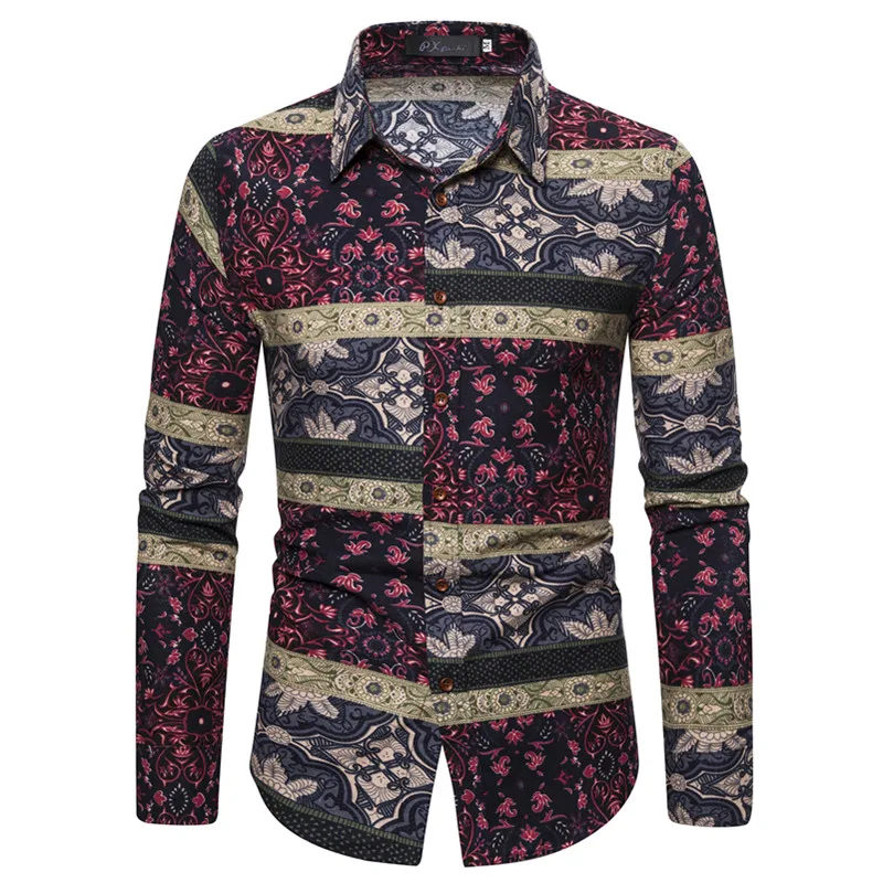 

Luxury Floral Linen Shirt Men Long Sleeves National Design Printed Mens Hawaiian Shirts Dress Vintage Slim Fit Chemise Homme 5XL