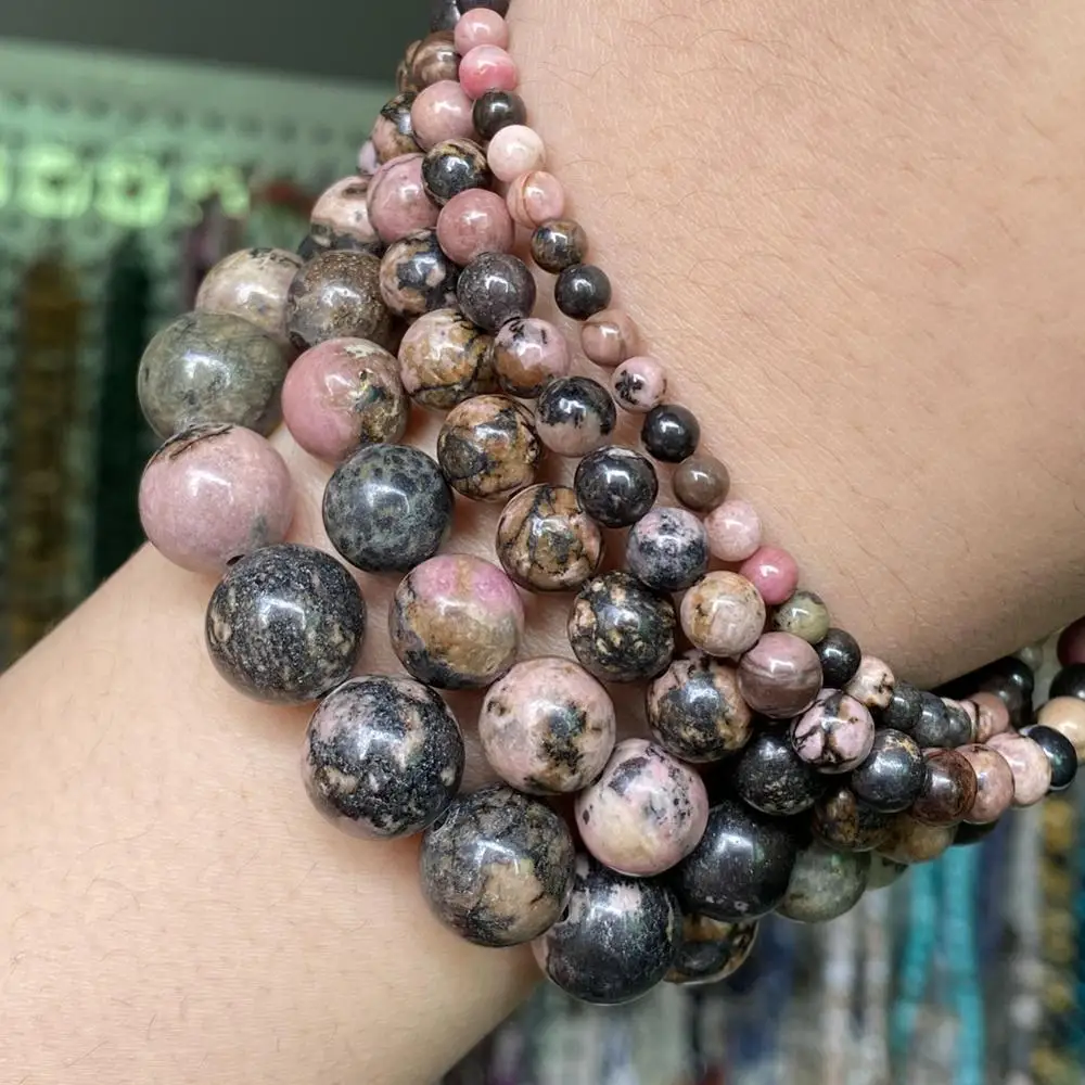 

Natural Black Lace Rhodonite Round Stone Beads For Jewelry Making 4 6 8 10 12mm Loose Spacer Beads Diy Bracelet Necklace Charms
