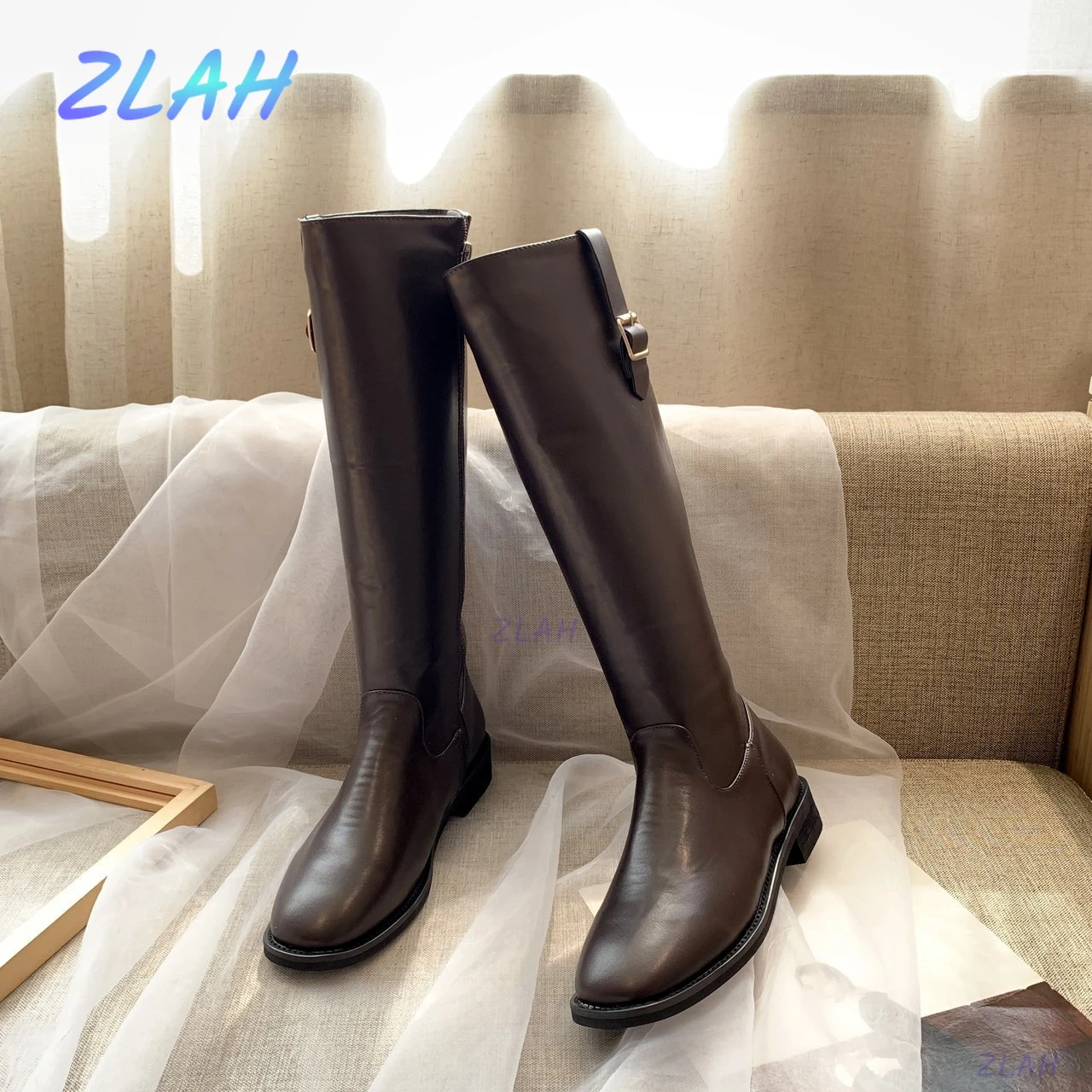 

New Style Leather Women's Knee High Boots Zlah Square Toe Zipper Shoes Low Heel Women Riding Boots Women Long Boots