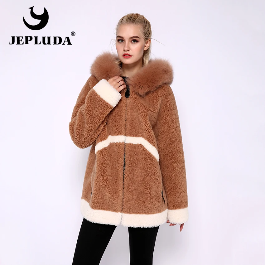 JEPLUDA Модная шерстяная смесь женская Куртка с капюшоном на натурального меха лиса