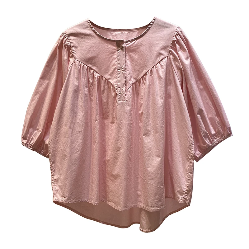 

Design Sense Korean Style Loose Puff Sleeves Stitching Front Short Back Long Cotton Doll Shirt Western Style Top Women