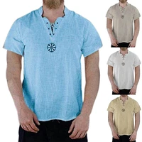 men short sleeve embroidery simple lace up stand collar t shirt top for daily wear clothes