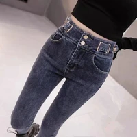 high waisted denim trousers 2021 new slim elastic feet pencil worn out japanese black jeans women