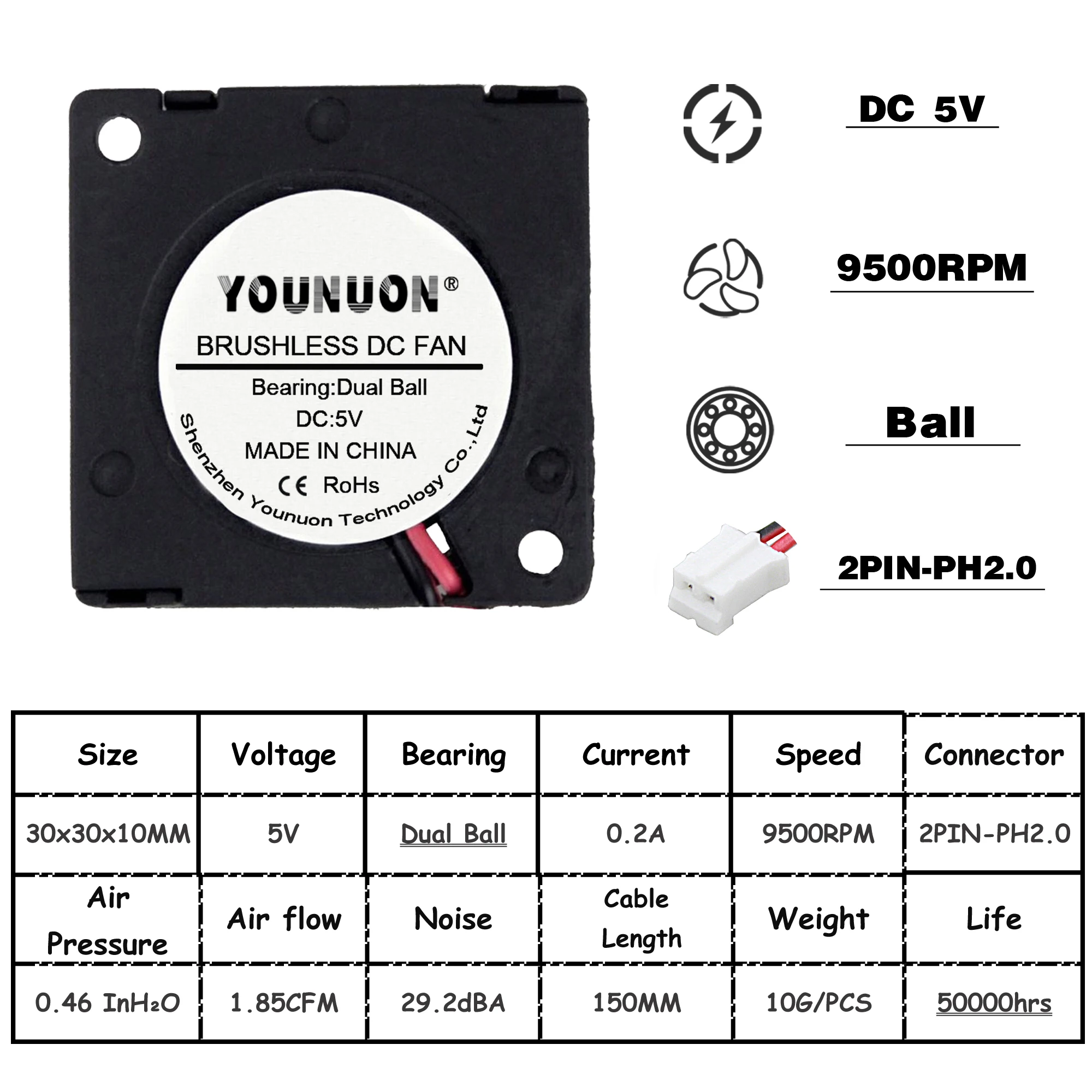 5V Ball PH2.0 2 шт. 30 мм 3d принтер вентилятор 12 в 24 в 5 В 3010 вентилятор для принтера аксессуары для охлаждения DC турбо вентилятор Радиальные Вентиляторы 30x30x10 мм - Цвет лезвия: 5V Ball PH2.0