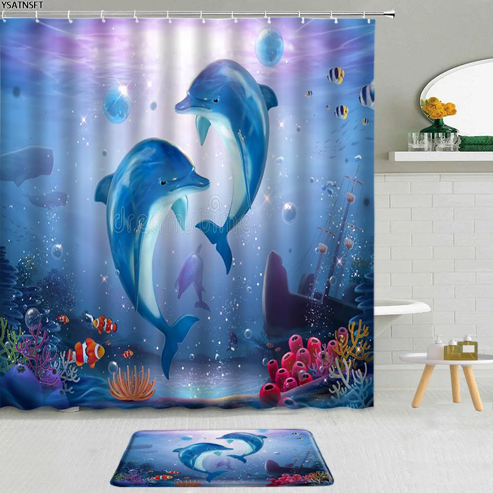 

2Pcs Funny Fantasy Ocean Animal Dolphins Shower Curtain 3D Tropical Fish Scenery Bathroom Non-Slip Carpet Bath Mat Curtains Set