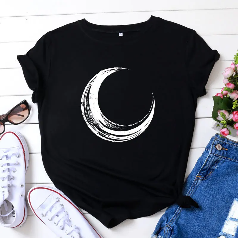 

Moon Print Tee Shirt for Women Harajuku Women Short Sleeve Hipster Graphic T Shirt Top White Leisure Tops Camisas Mujer