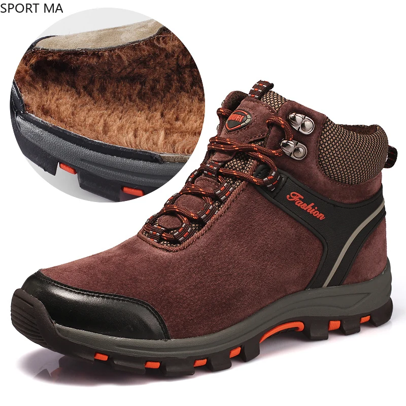 

Новинка, Мужские осенне-зимние теплые плюшевые замшевые кожаные походные кроссовки, мужские ботинки для скалолазания, уличная спортивная о...