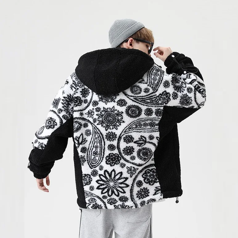 Couple Cashew Flower Imitation Lamb Wool Hooded Jacket 2021 Autumn and Winter Ins Loose Casual Embroidered Decorative Jacket Men