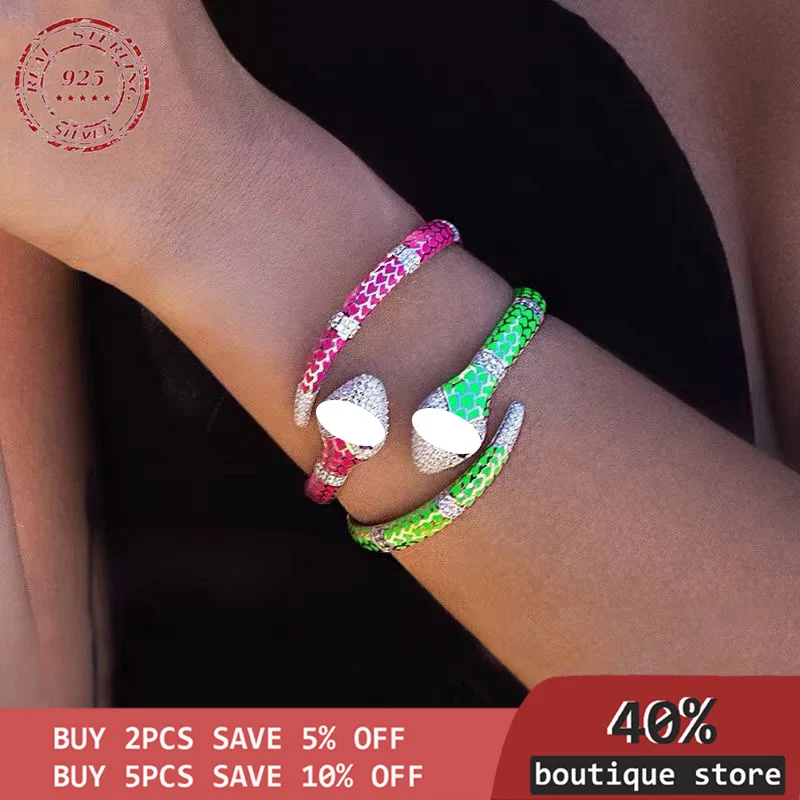 

Fashion S925 Sterling Silver Monaco Neon Green Snake Wrap Cuff August New Serpent Bangle Bracelet Women 、Original packaging