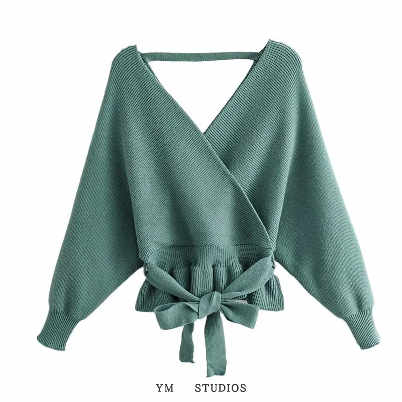 

Women's small fragrance bat sleeve cross V-neck solid T-shirt lace up Pullover