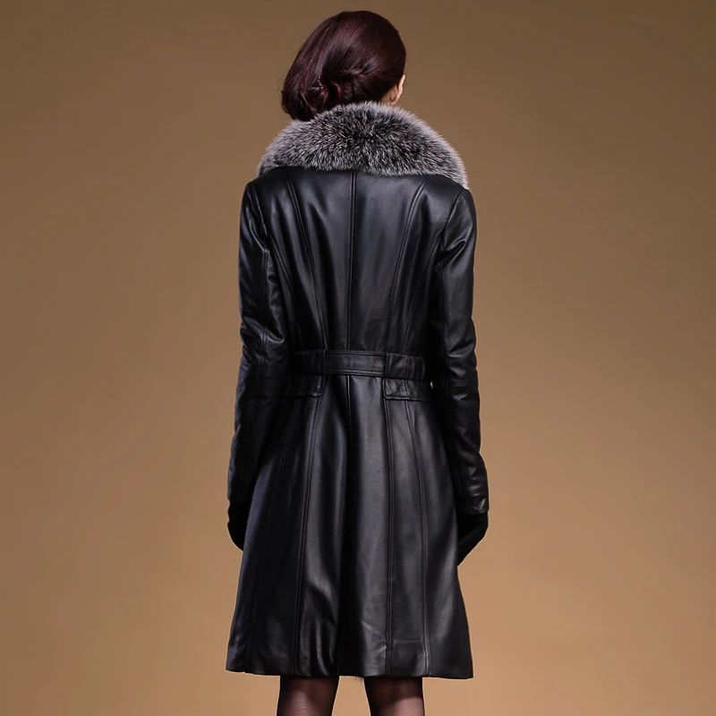 2020 Plus size Fox Fur Collar Genuine Leather Coat Women Winter Outerwear White Duck Down Sheepskin Long Jackets Female OK1118 | Женская