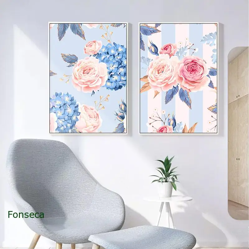 Картина на холсте с акварелью цветами птицами постер фиолетовыми и розовыми