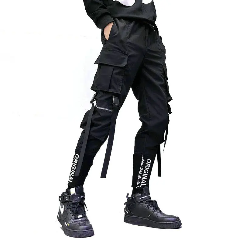 

Fashion Men Hip-Hop Pants Streetwear Ribbon Men's Overalls Leisure Pocket Pants Elastic Waist Trousers Sweatpants Streetwear