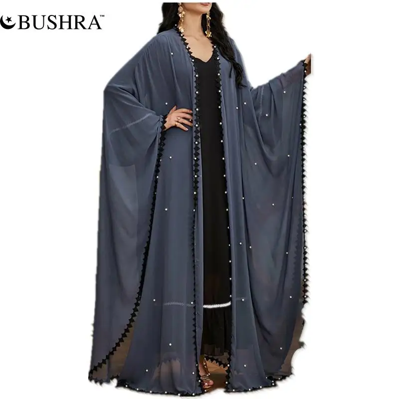 

BUSHRA Dubai Abaya Kimono Chiffon Beaded Batwing Long Sleeve Crochet Lace Border Open Cardigan Women Muslim Europe Turkey Robe