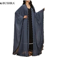 bushra dubai abaya kimono chiffon beaded batwing long sleeve crochet lace border open cardigan women muslim europe turkey robe